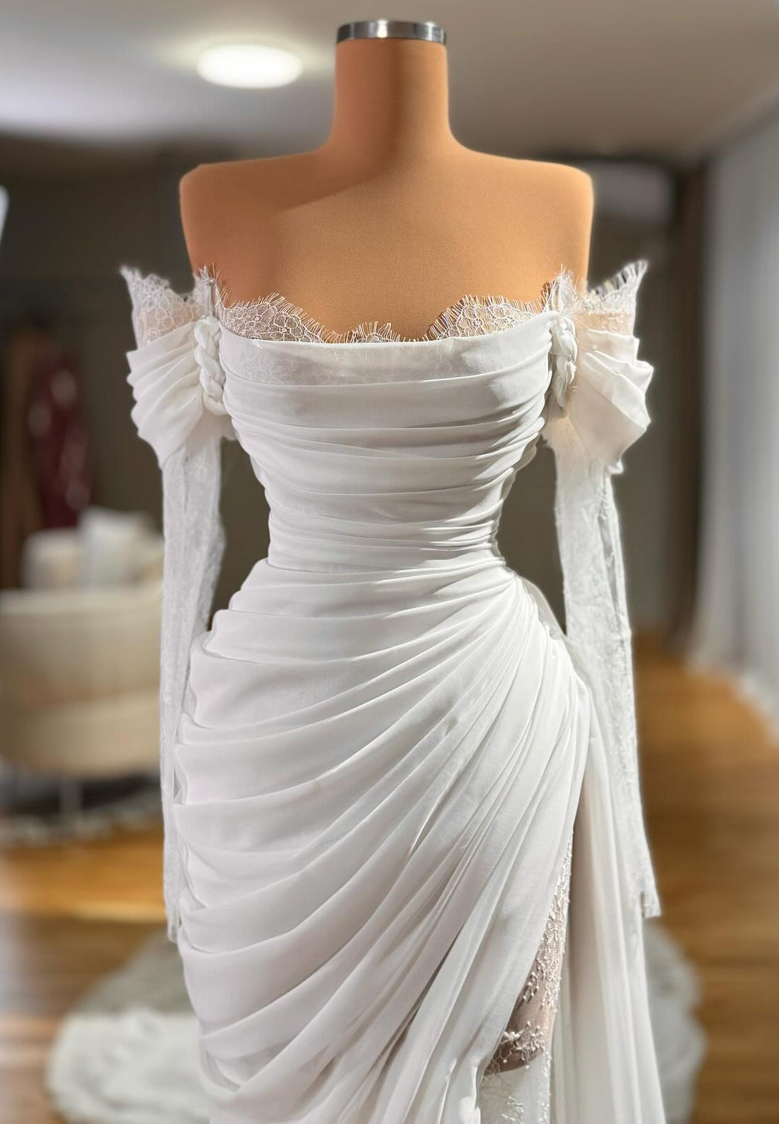 Off-Shoulder Long Slevees Lace Appliques Pleated Sheath Beach Wedding Dress
