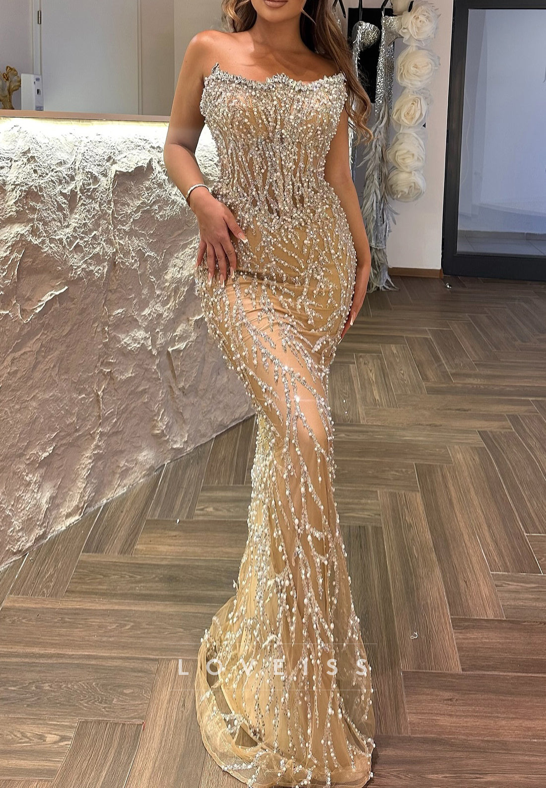 Off-Shoulder Pearl Beaded Embroidery Mermaid Prom Dress