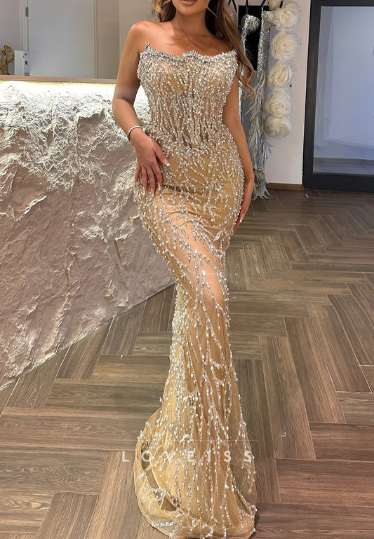 Off-Shoulder Pearl Beaded Embroidery Mermaid Prom Dress