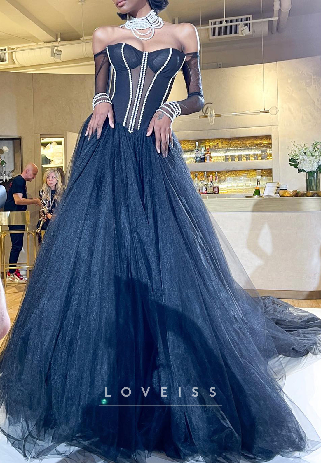 Off-Shoulder Pearl Long Sleeves Tulle Ball Gown Black Wedding Dress
