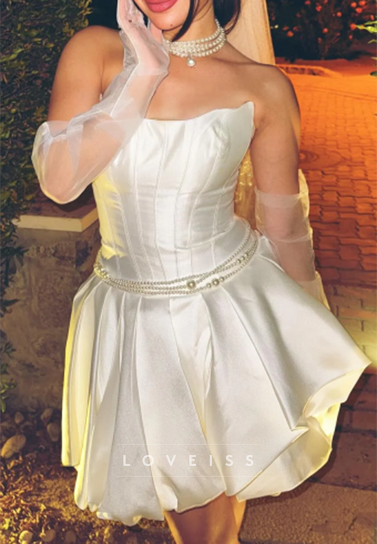 Off-Shoulder Pearl Sleeveless Pleated A-Line Short Wedding Dress