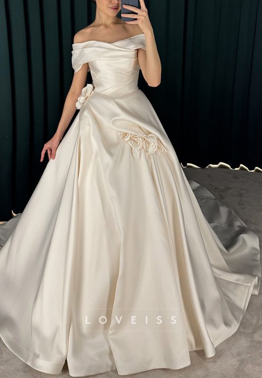 Off-Shoulder Pleated 3D Floral Satin A-Line Wedding Dress