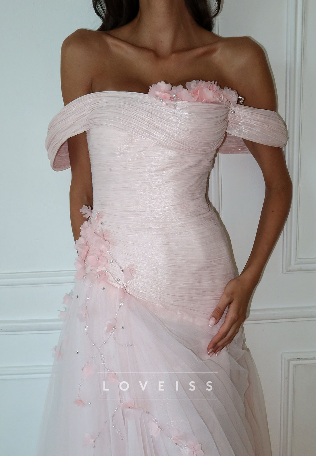 Off-Shoulder Pleated Appliques Floral A-Line Prom Dress