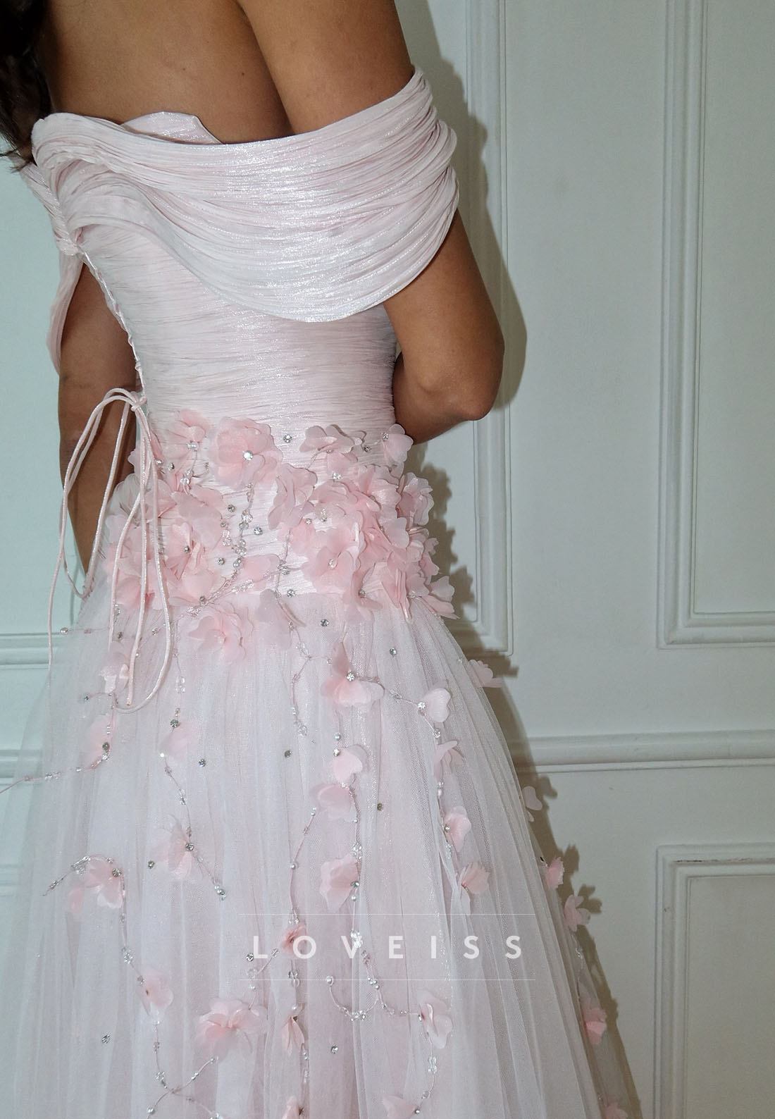 Off-Shoulder Pleated Appliques Floral A-Line Prom Dress