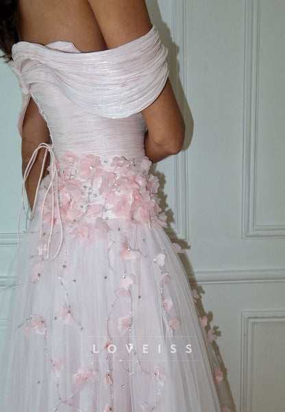 Off-Shoulder Pleated Appliques Floral A-Line Prom Dress