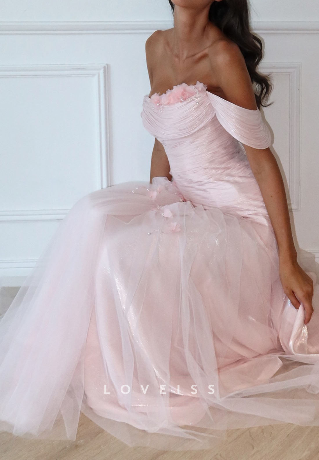 Off-Shoulder Pleated Appliques Floral A-Line Prom Dress