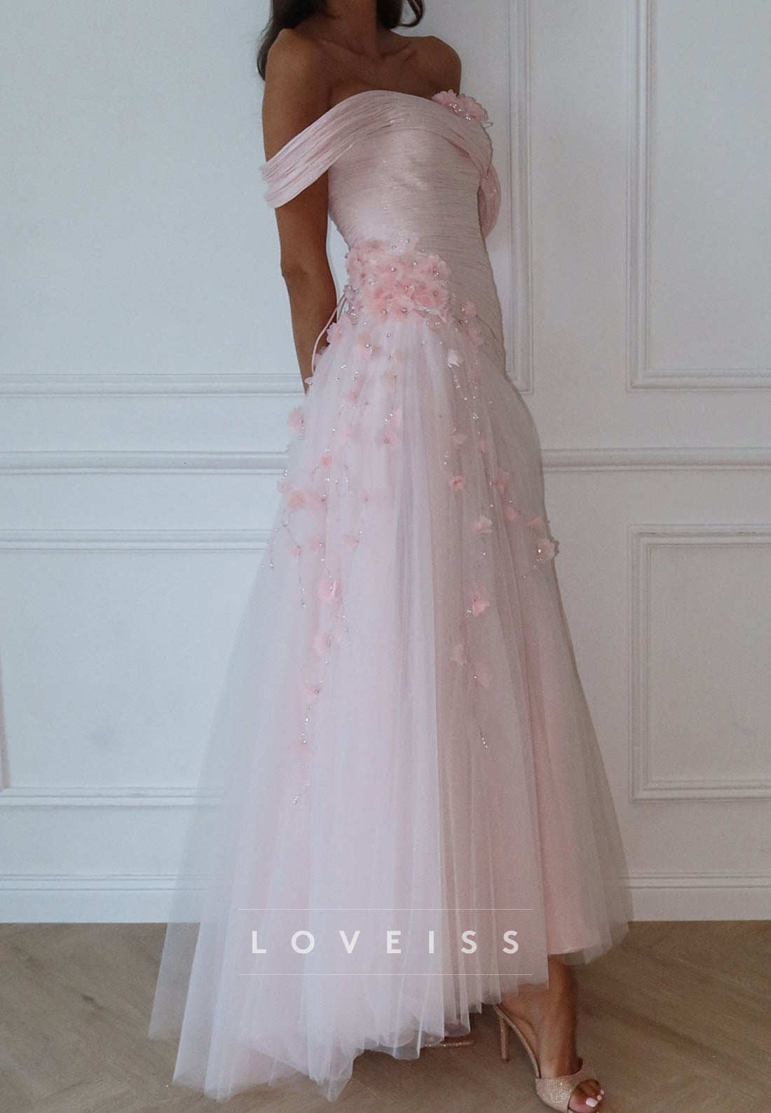 Off-Shoulder Pleated Appliques Floral A-Line Prom Dress
