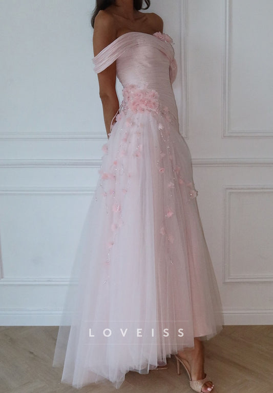 Off-Shoulder Pleated Appliques Floral A-Line Prom Dress