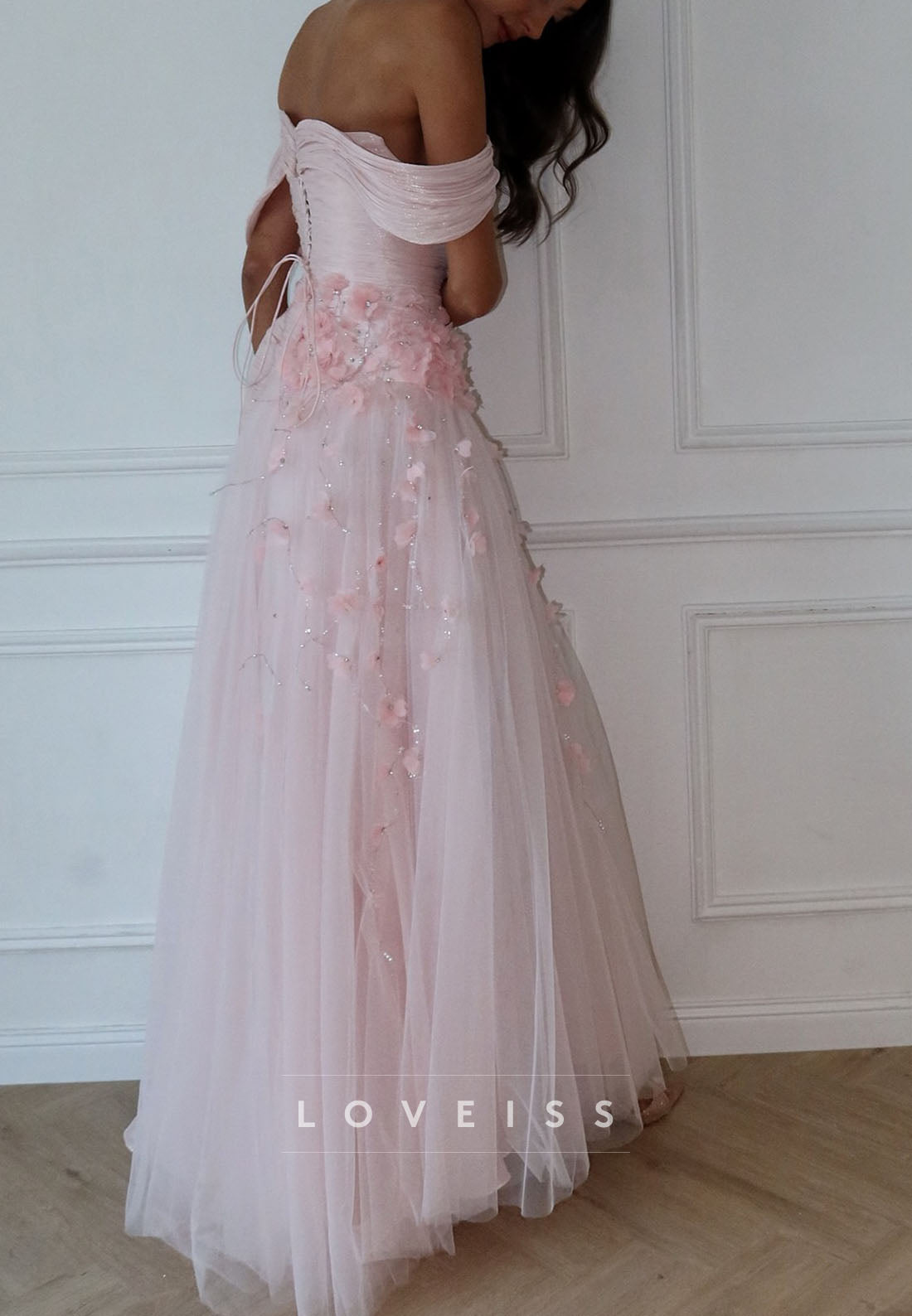 Off-Shoulder Pleated Appliques Floral A-Line Prom Dress