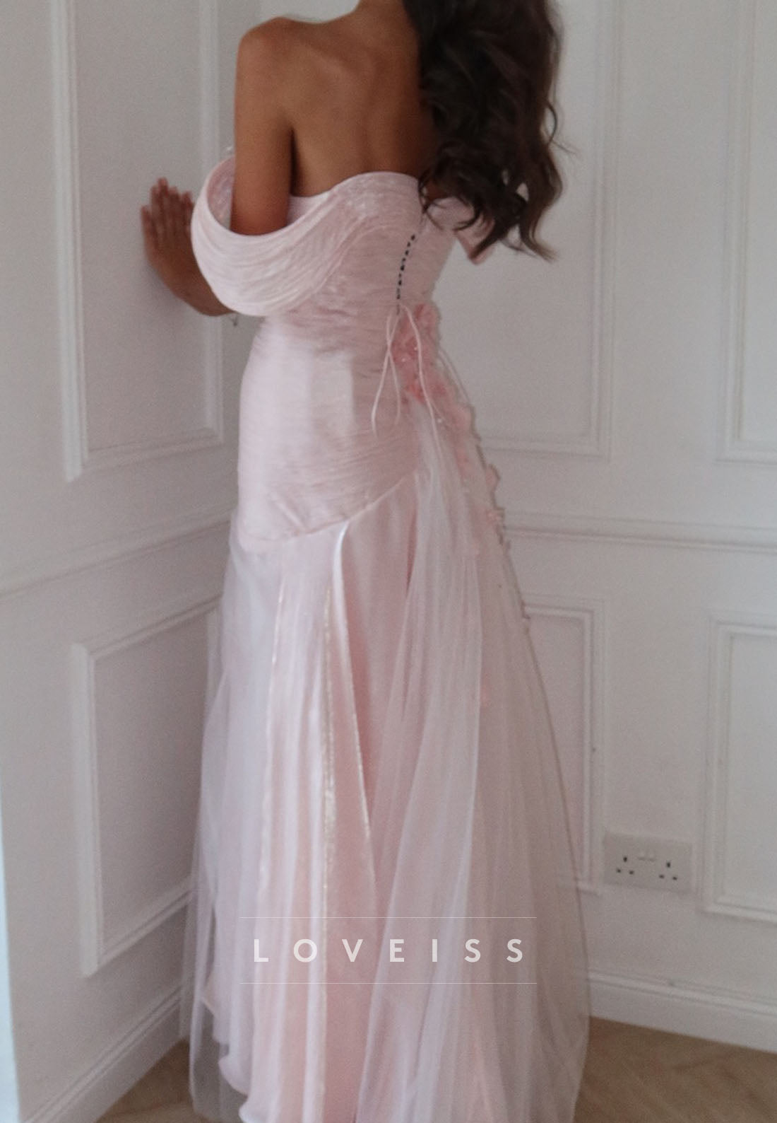 Off-Shoulder Pleated Appliques Floral A-Line Prom Dress