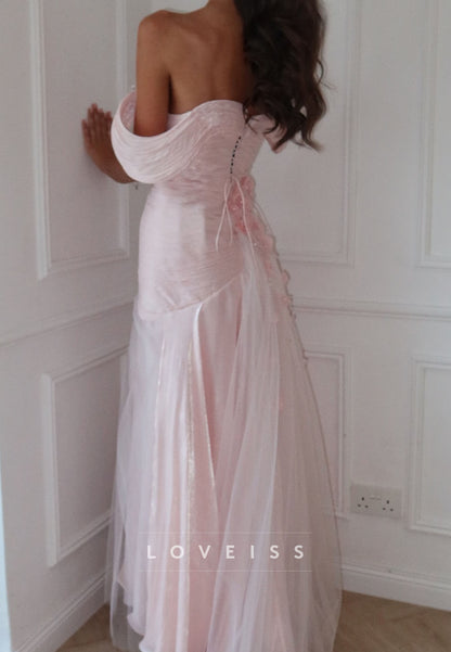 Off-Shoulder Pleated Appliques Floral A-Line Prom Dress