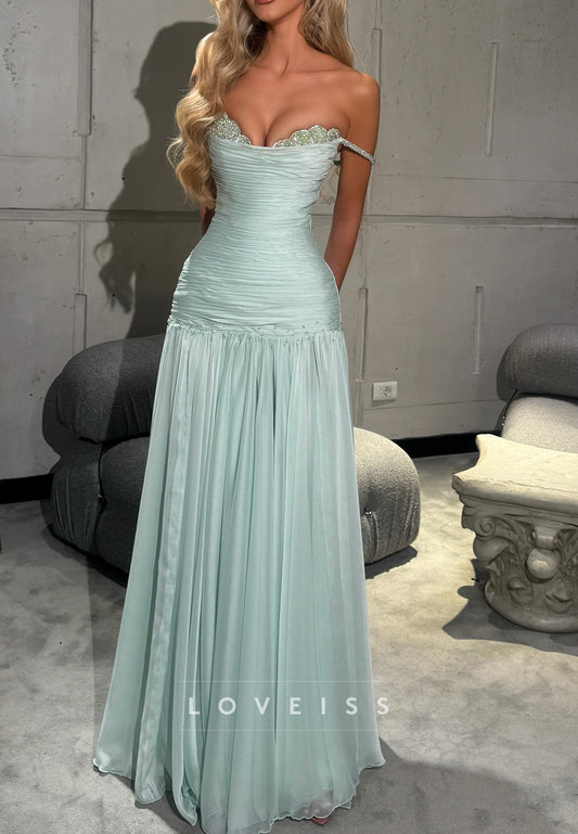 Off-Shoulder Pleated Beaded A-Line Evening Dress