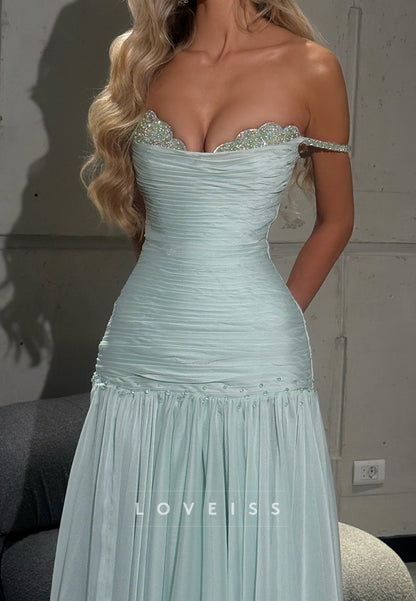 Off-Shoulder Pleated Beaded A-Line Evening Dress