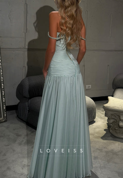 Off-Shoulder Pleated Beaded A-Line Evening Dress