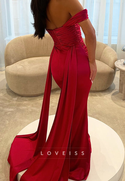 Off-Shoulder Pleated Fitted Satin Red Mermaid Prom Dress