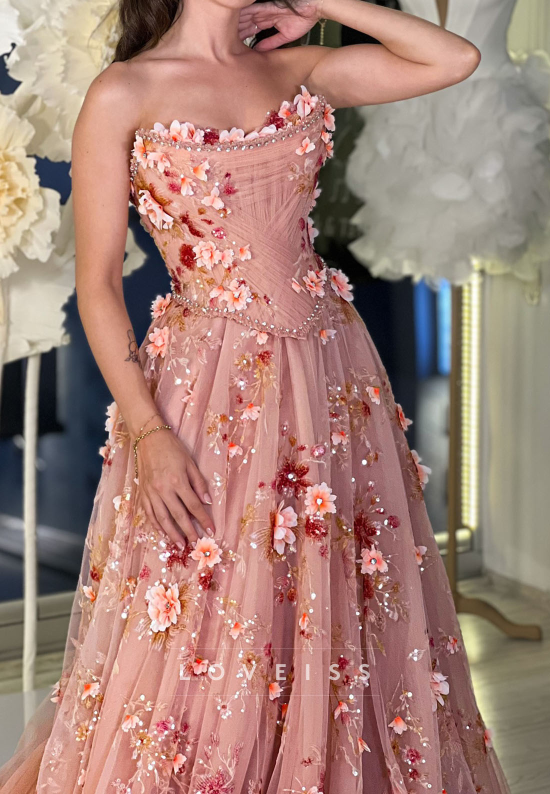 Off-Shoulder Pleated Floral Appliques A-Line Prom Dress
