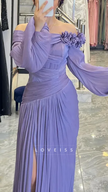 Off-Shoulder Pleated Long Sleeves Sheath Evening Dress