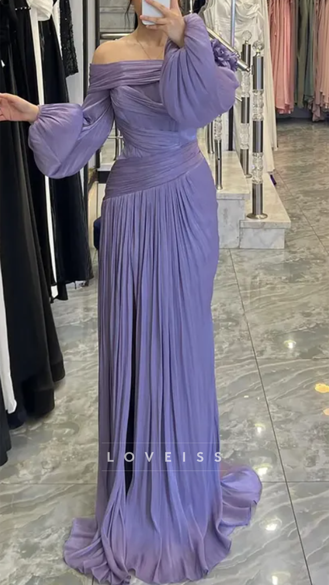 Off-Shoulder Pleated Long Sleeves Sheath Evening Dress
