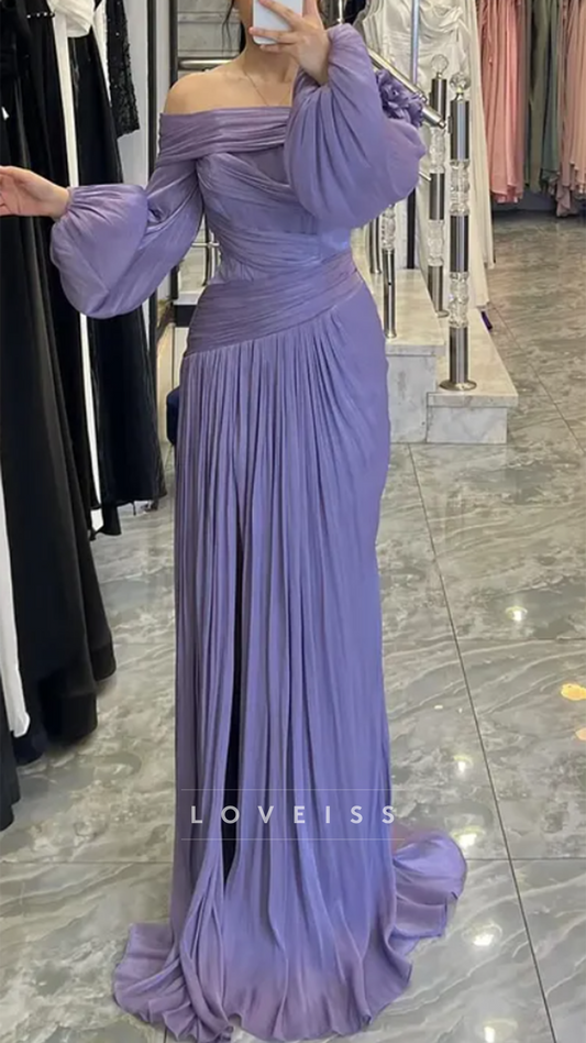Off-Shoulder Pleated Long Sleeves Sheath Evening Dress