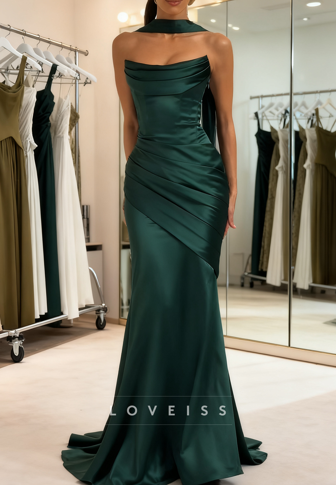 Off-Shoulder Pleated Mermaid Simple Prom Dress