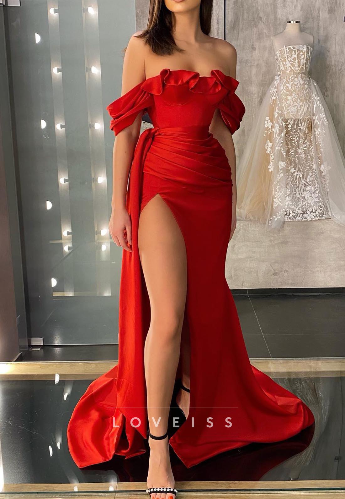 Off-Shoulder Pleated Side Slit Sheath Evening Dress