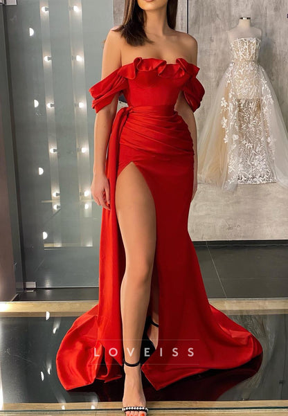 Off-Shoulder Pleated Side Slit Sheath Evening Dress