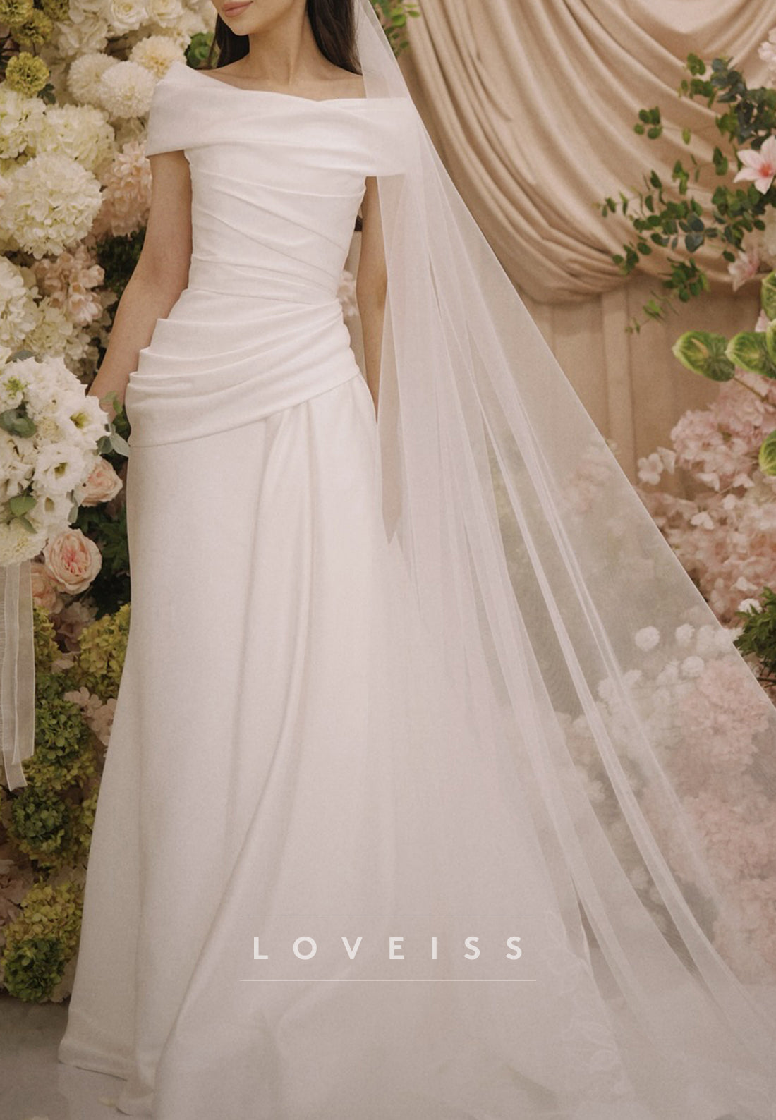 Off-Shoulder Pleated Sleeveless Satin A-Line Simple Wedding Dress