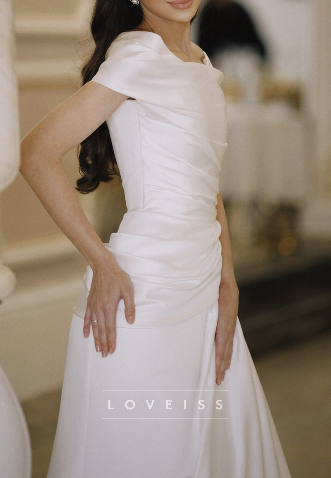 Off-Shoulder Pleated Sleeveless Satin A-Line Simple Wedding Dress