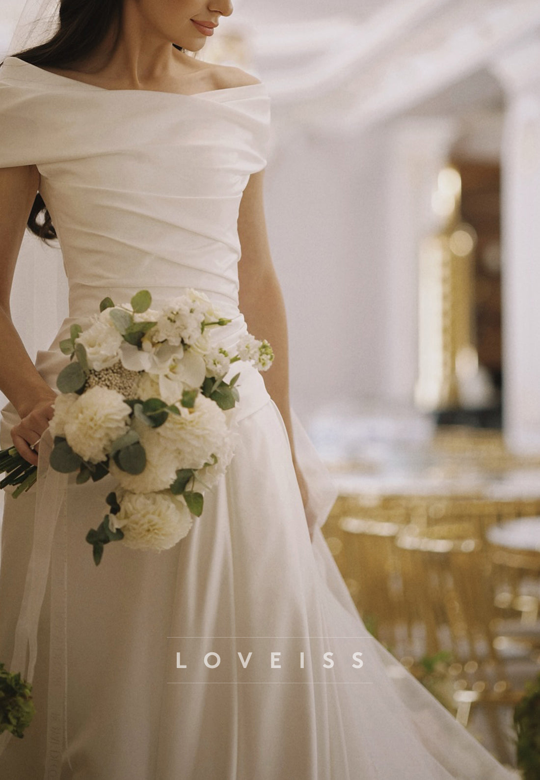 Off-Shoulder Pleated Sleeveless Satin A-Line Simple Wedding Dress