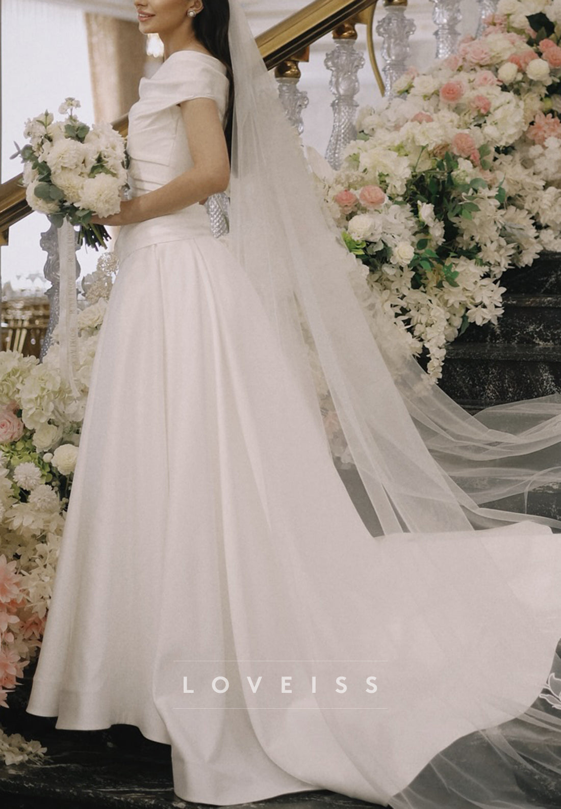 Off-Shoulder Pleated Sleeveless Satin A-Line Simple Wedding Dress