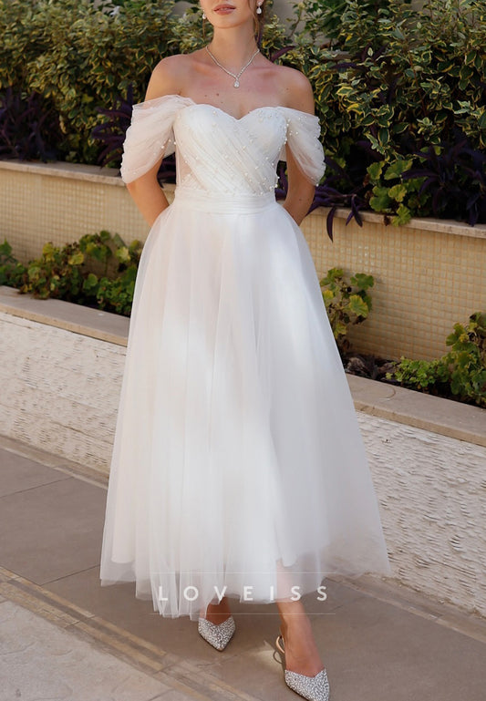 Off-Shoulder Pleated Tulle Pearl A-Line Wedding Dress