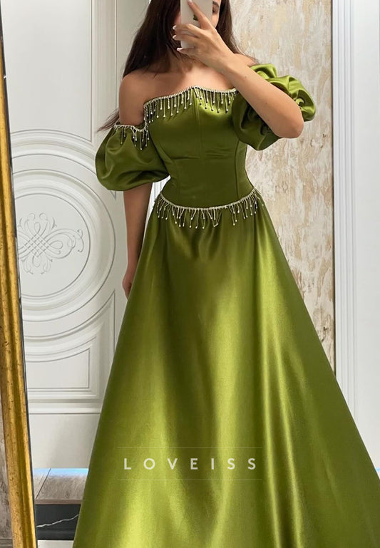 Off-Shoulder Puff Sleeves Beaded A-Line Prom Dress