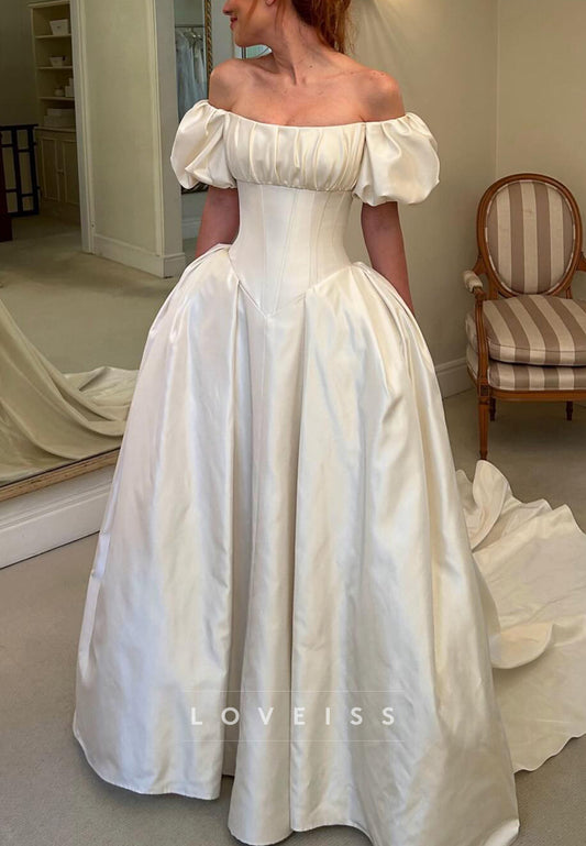 Off-Shoulder Puff Sleeves Pleated A-Line Vintage Wedding Dress