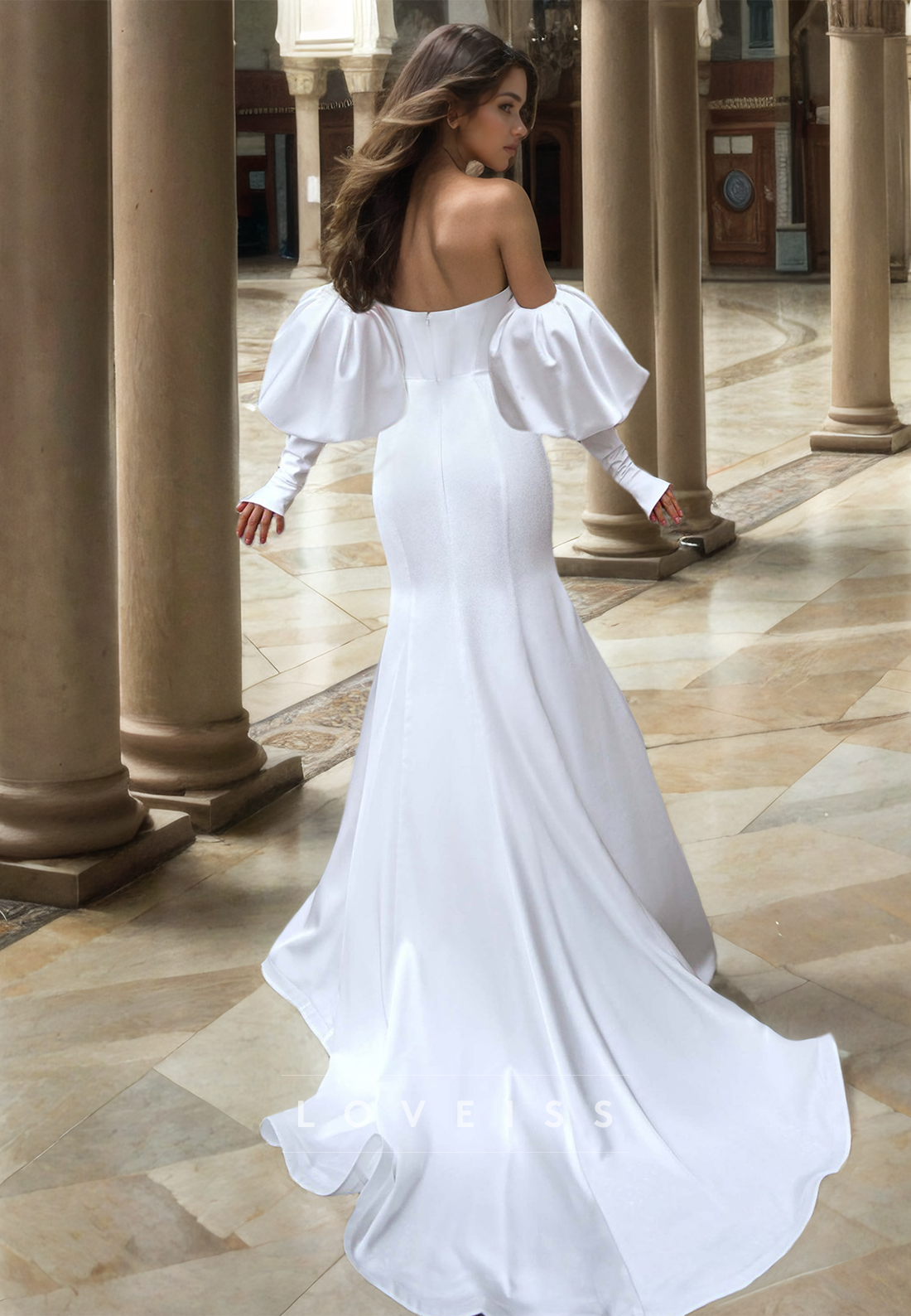 Off-Shoulder Puff Sleeves Pleated Sleek Mermaid Beach Wedding Dress