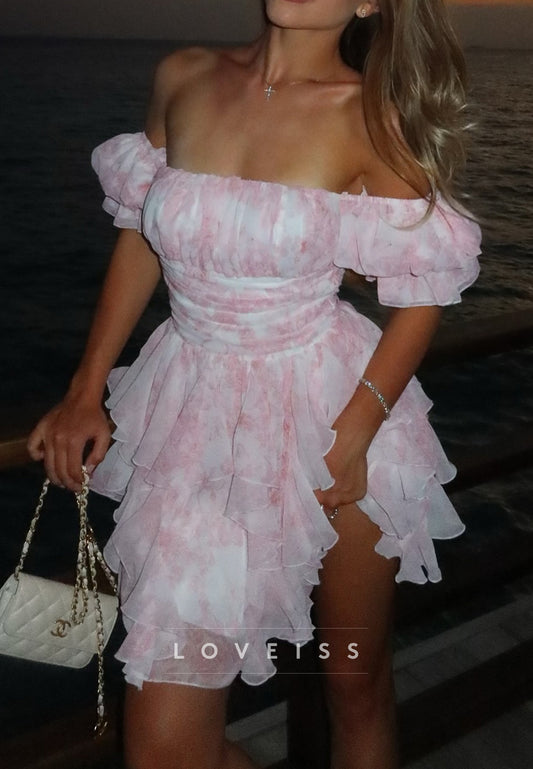 Off-Shoulder Puff Sleeves Tiered Floral Printed A-Line Party Homecoming Dress
