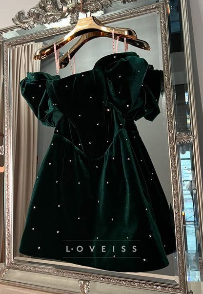 Off-Shoulder Puff Sleeves Velvet Beaded A-Line Party Homecoming Dress