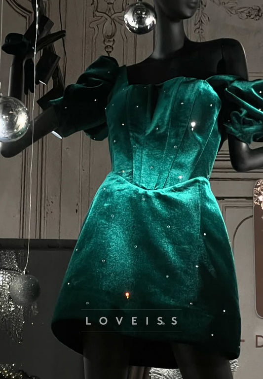 Off-Shoulder Puff Sleeves Velvet Beaded A-Line Party Homecoming Dress