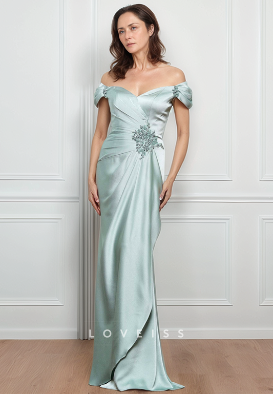 Off-Shoulder Ruched 3D Floral Ruffles Sheath Mother of Bride Dress