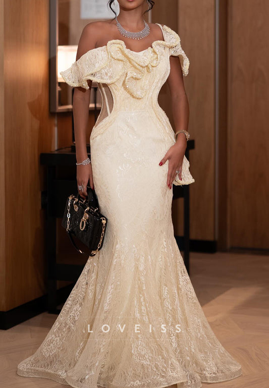 Off-Shoulder Ruffles Lace Appliques Mermaid Prom Dress