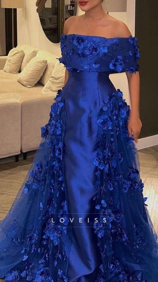 Off-Shoulder Satin Appliques A-Line Evening Dress