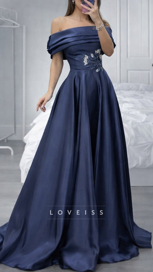 Off-Shoulder Satin Appliques Sleeveless A-Line Evening Dress