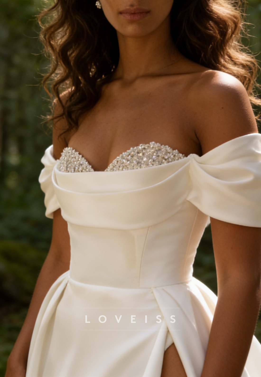 Off-Shoulder Satin Beaded Sleeveless A-Line Wedding Dress
