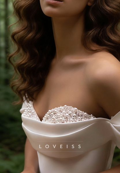 Off-Shoulder Satin Beaded Sleeveless A-Line Wedding Dress