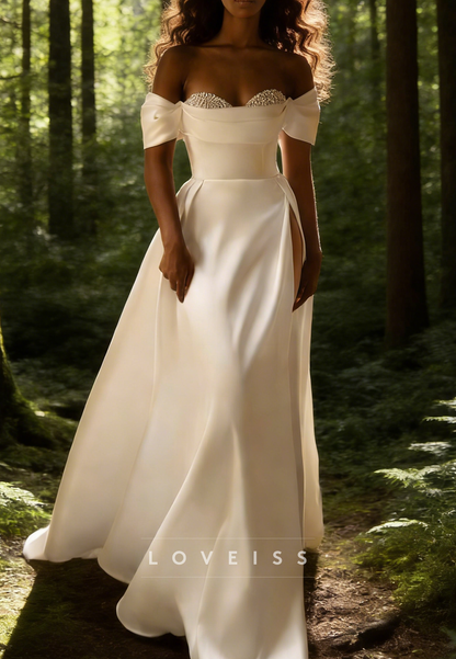 Off-Shoulder Satin Beaded Sleeveless A-Line Wedding Dress