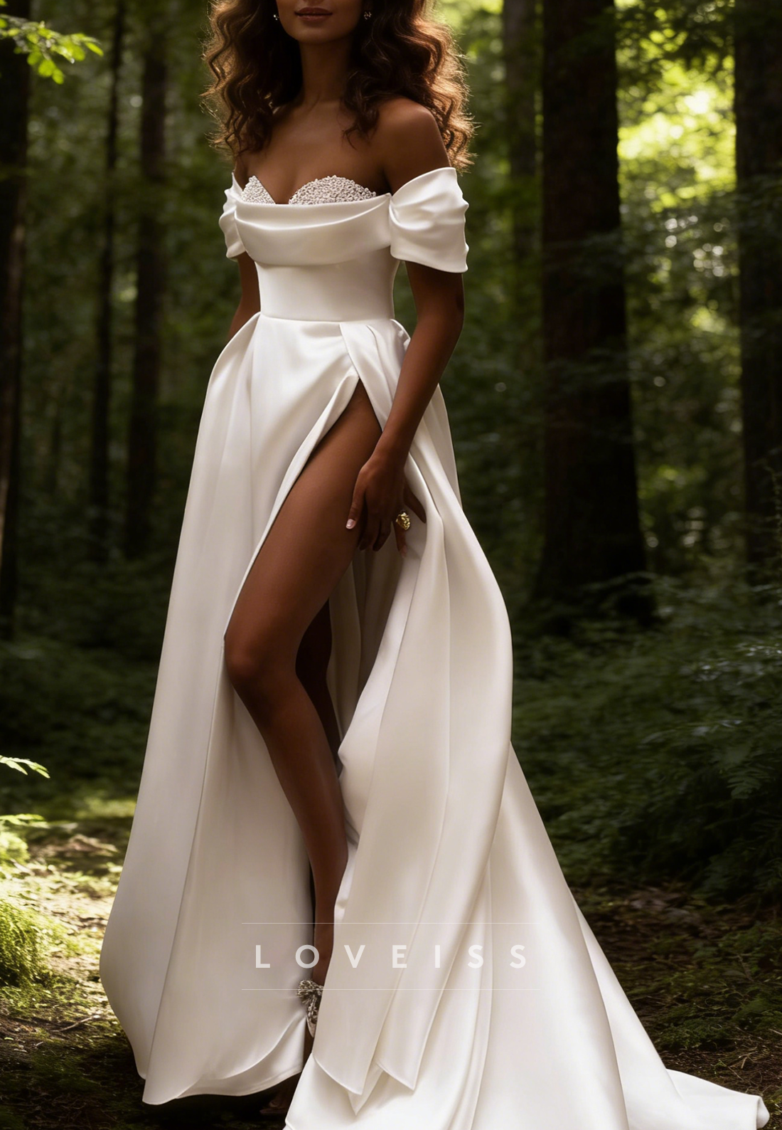 Off-Shoulder Satin Beaded Sleeveless A-Line Wedding Dress
