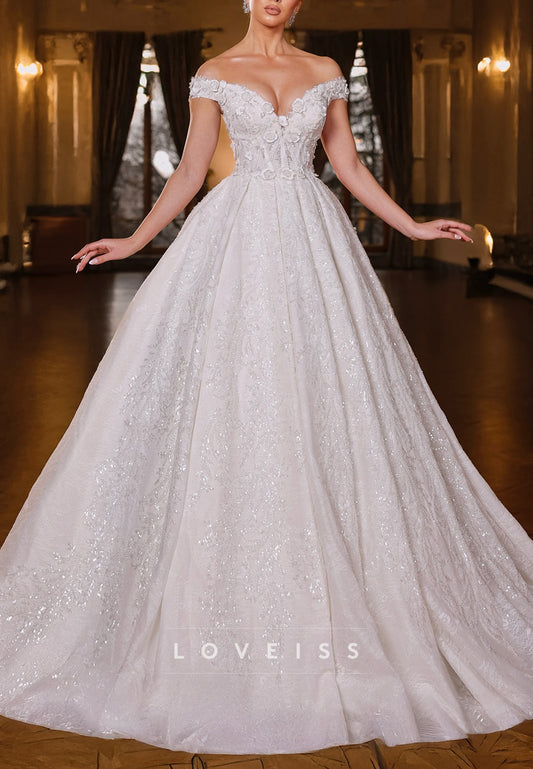 Off-Shoulder Sequins Appliques A-Line Wedding Dress