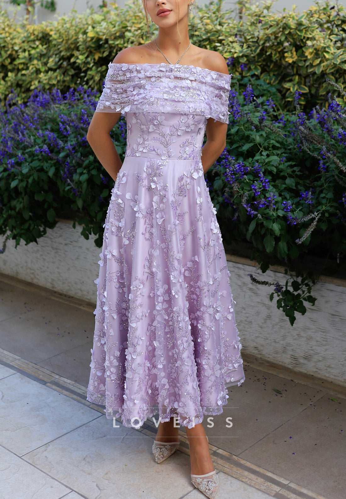 Off-Shoulder Sequins Appliques Long Sleeves A-Line Prom Dress