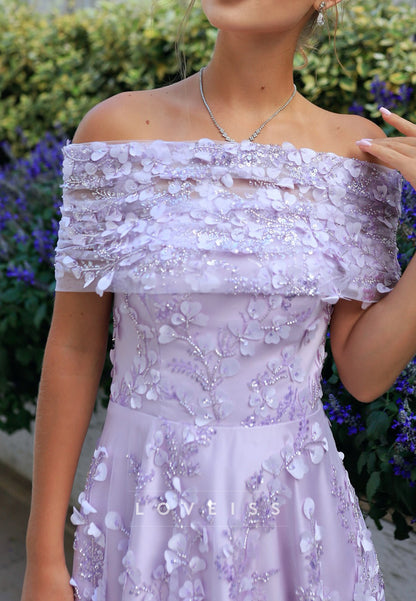 Off-Shoulder Sequins Appliques Long Sleeves A-Line Prom Dress