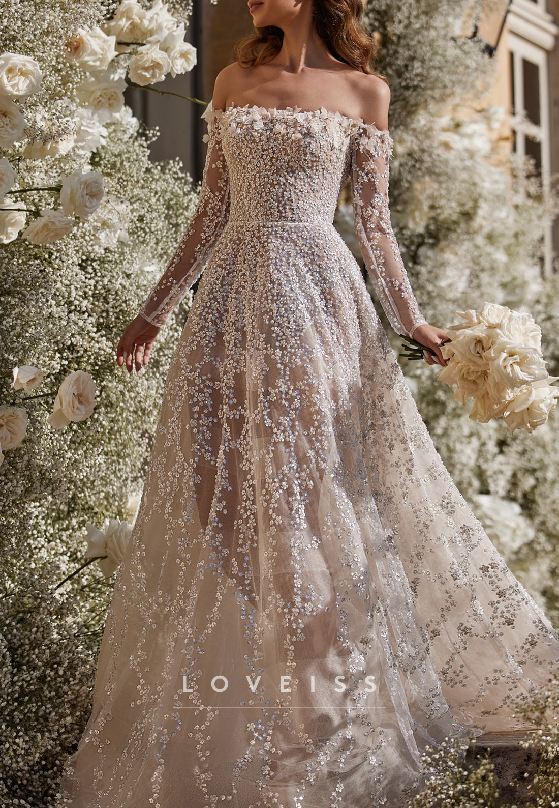 Off-Shoulder Sequins Appliques Long Sleeves A-Line Wedding Dress