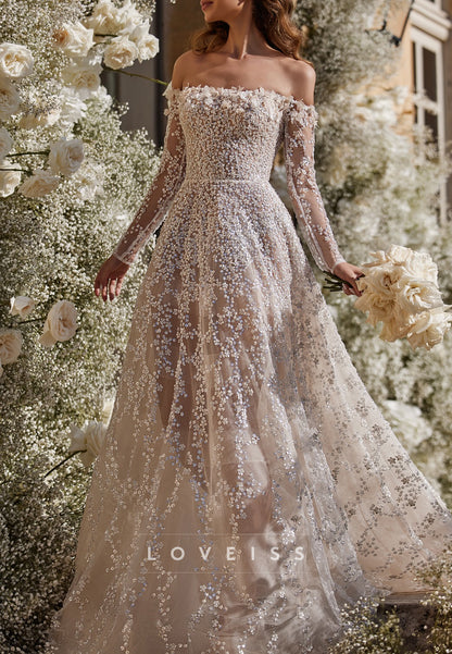 Off-Shoulder Sequins Appliques Long Sleeves A-Line Wedding Dress